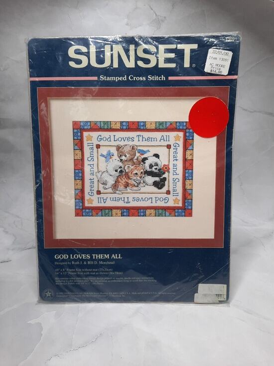 Dimensions Other - Vtg Dimensions Sunset Stamped Cross Stitch Kit God Loves Them All Baby Animals